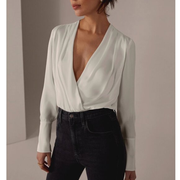 NWT Favorite Daughter The Date Blouse Satin Bodysuit White Off White - Picture 3 of 7